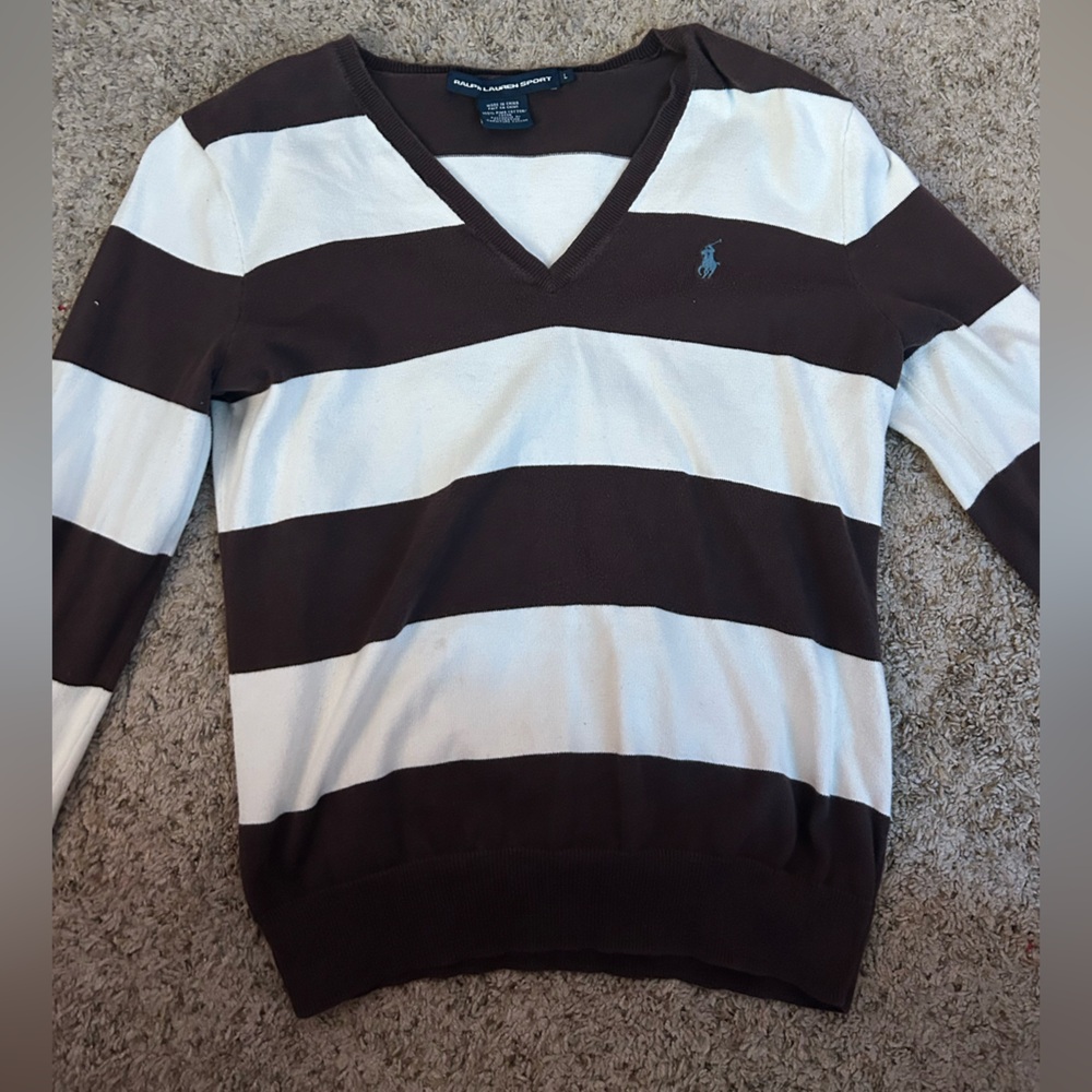 Ralph Lauren Brown and White V-Neck Sweater